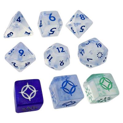 Cosmere RPG Stormlight Dice med nio blå och vita tärningar, inklusive specialdesignade plot‑tärningar för Cosmere rollspel.