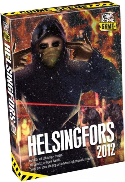 Crime Scene Helsingfors 2012 brädspel box framsida med maskerad gärningsman och kriminaltema
