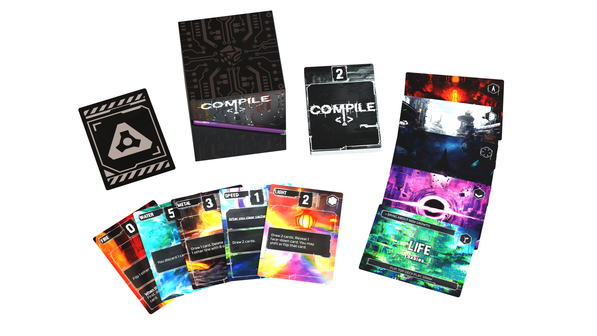 Compile Main 1‑kort på spelbord med futuristiska element och kommandoregler.