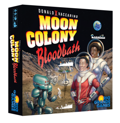 Moon Colony Bloodbath spelbox med astronauter, robot och månbas i retro sci-fi stil.