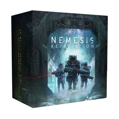 Brädspelsboxen Nemesis: Retaliation med sci-fi Marines i mörk industrimiljö.