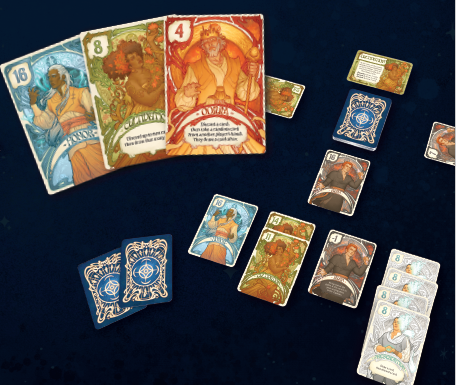Illustrerade Shards of Creation‑kort på spelbord med olika värden och karaktärer.