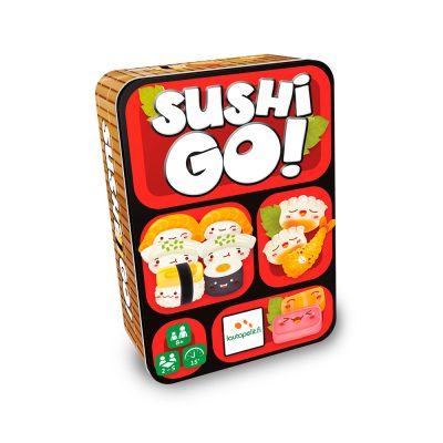 Sushi Go metallbox med sushikaraktärer och spelinformation.