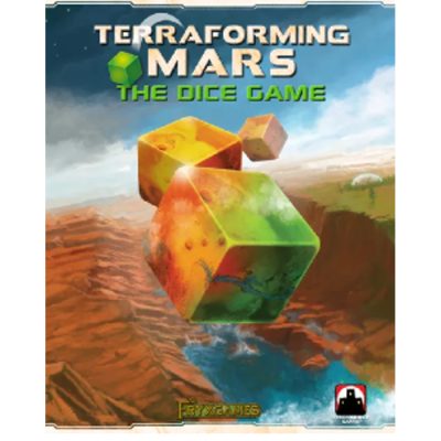 Terraforming Mars: The Dice Game spelbox med tärningar över Marslandskap.