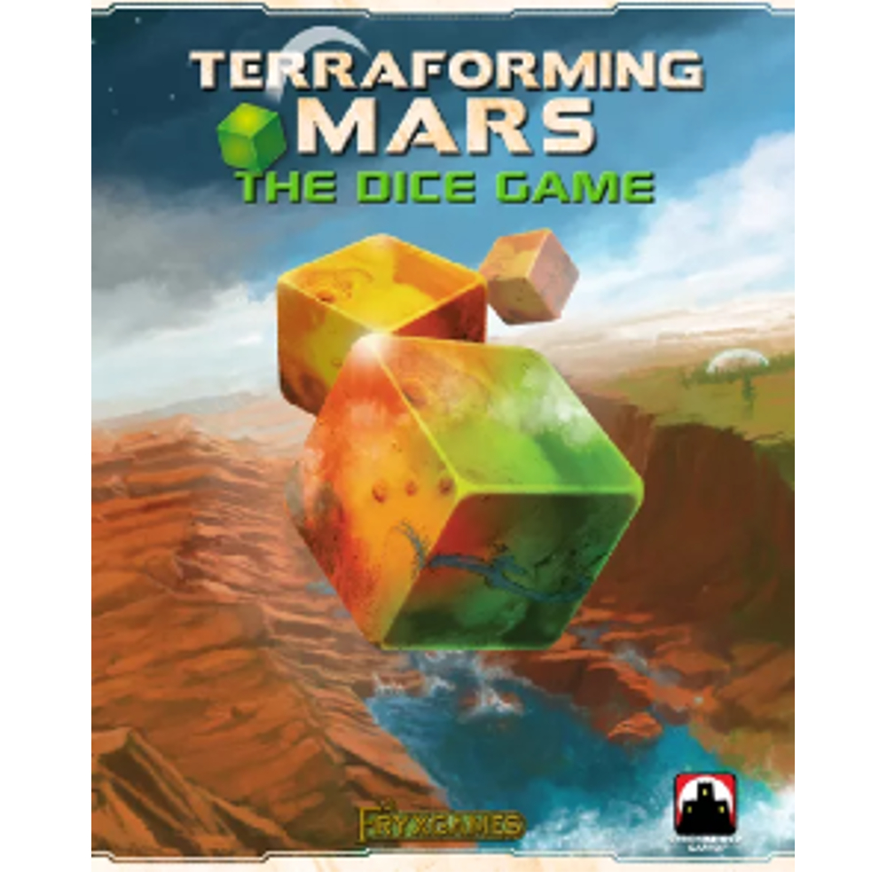 Terraforming Mars: The Dice Game spelbox med tärningar över Marslandskap.