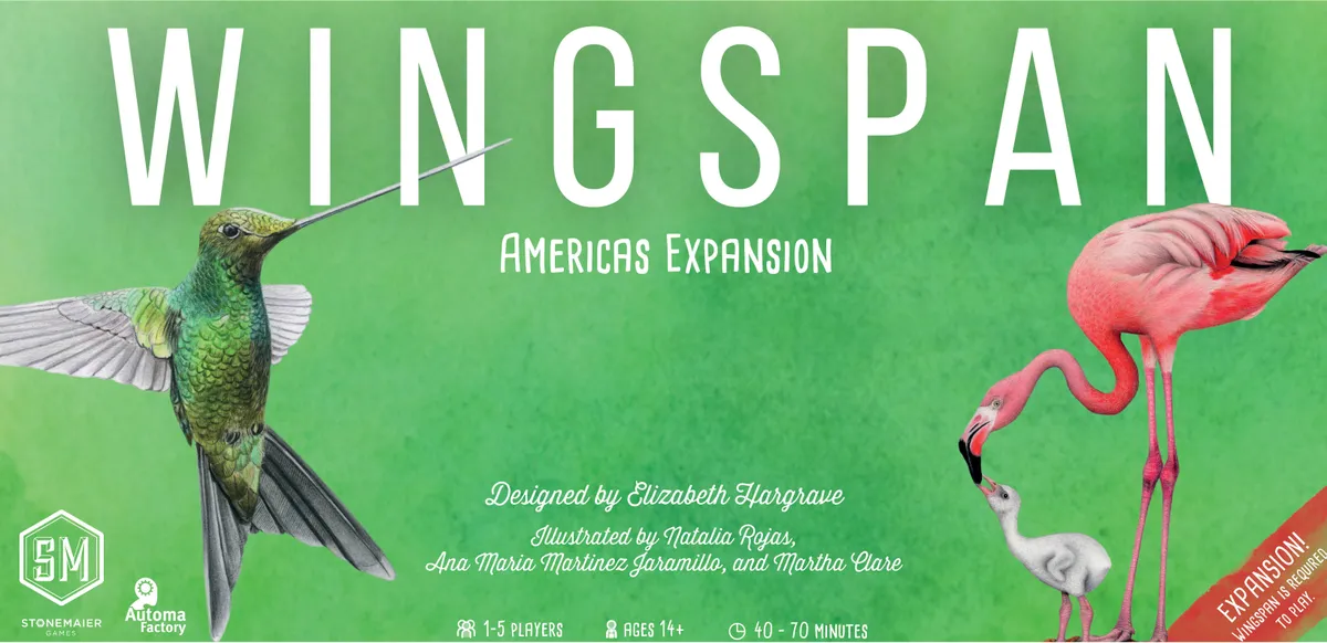 Wingspan Americas spelbox med hummingbird och flamingo.