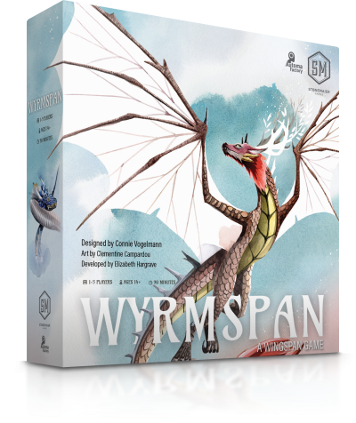 Wyrmspan spelbox med stor drake och Wingspan‑inspirerad design.