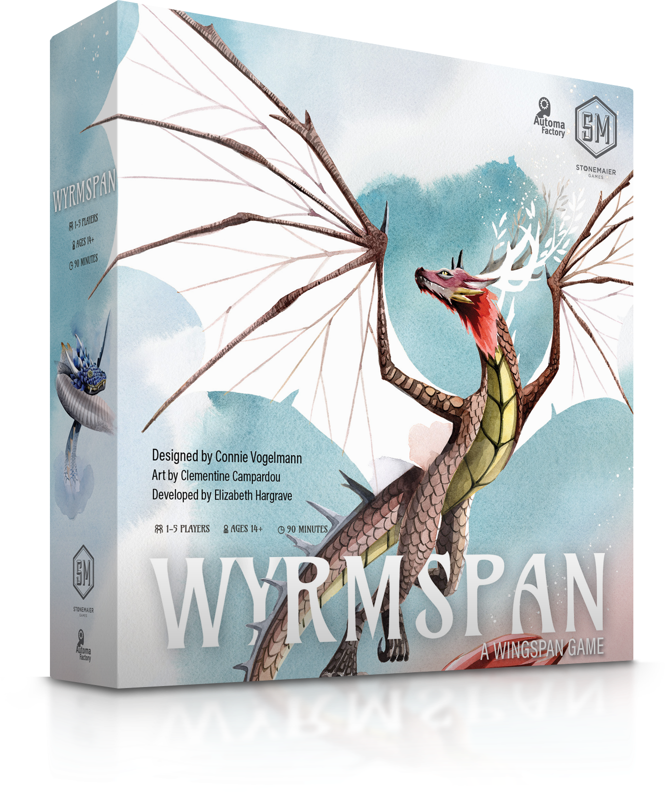 Wyrmspan spelbox med stor drake och Wingspan‑inspirerad design.