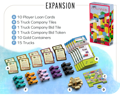 More Containers Expansion komponenter med lånekort, truckföretag och guldcontainrar.