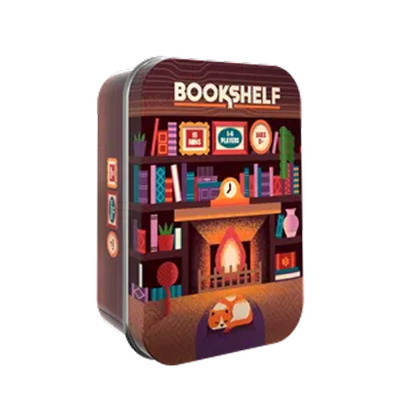 Bookshelf tin‑box med bokhylla, brasa och dekorativ illustration.