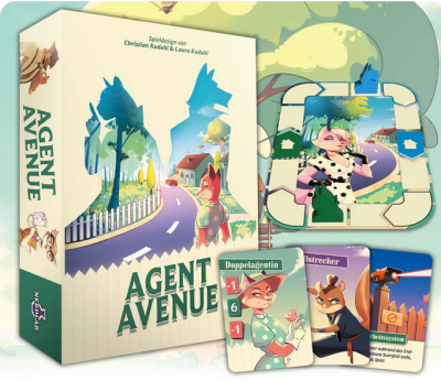 Agent Avenue spelbox med spelplan och kort i spiontema.