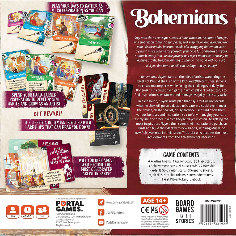 Bohemians baksida med spelbeskrivning, komponentlista och konstnärligt tema.