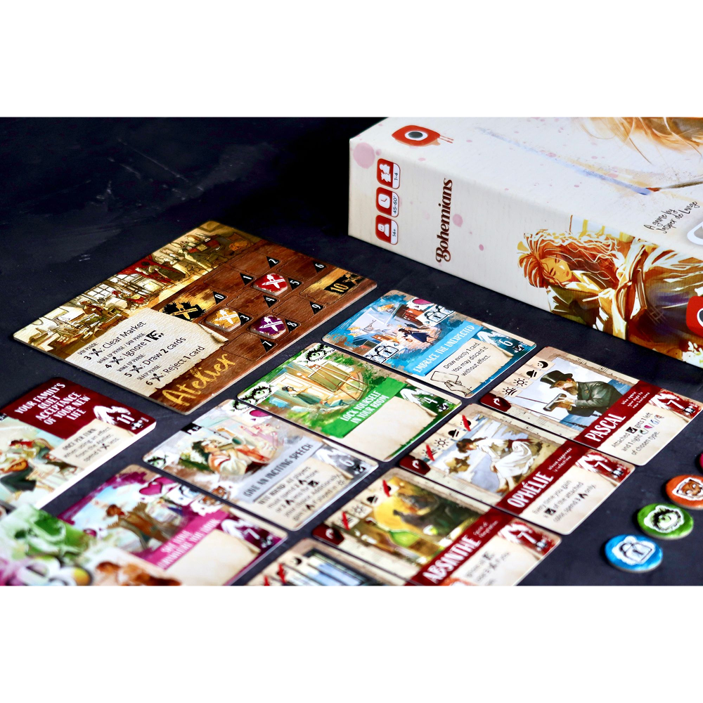 Bohemians speluppdukning med kort, tokens och atelier‑bräde.