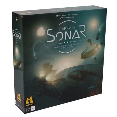 Captain Sonar brädspelsbox med undervattensmotiv och ubåtar i action.