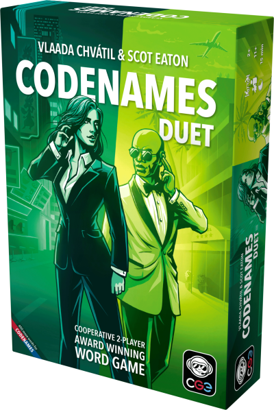 Codenames Duet spelbox med två agentfigurer mot grön bakgrund.