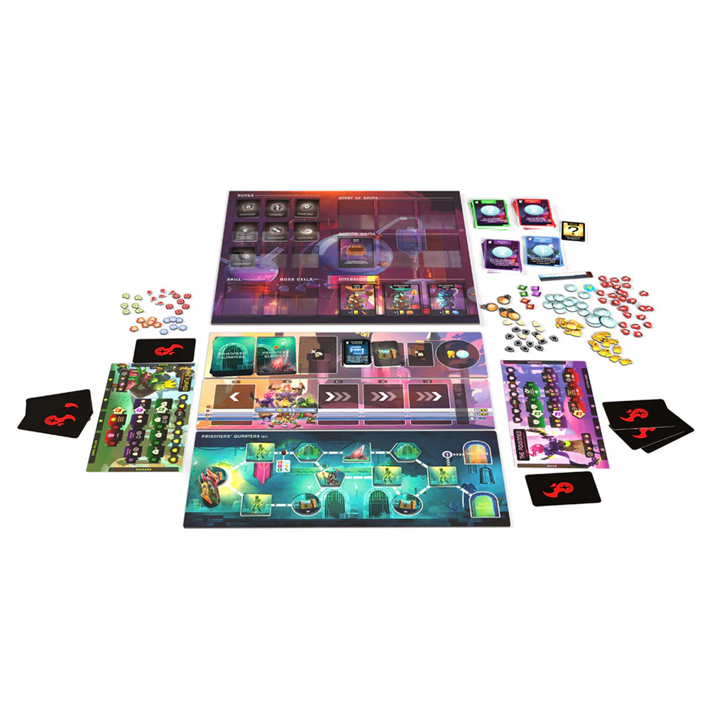 Dead Cells huvudbräda med neonfärger, zoner och spelkomponenter.