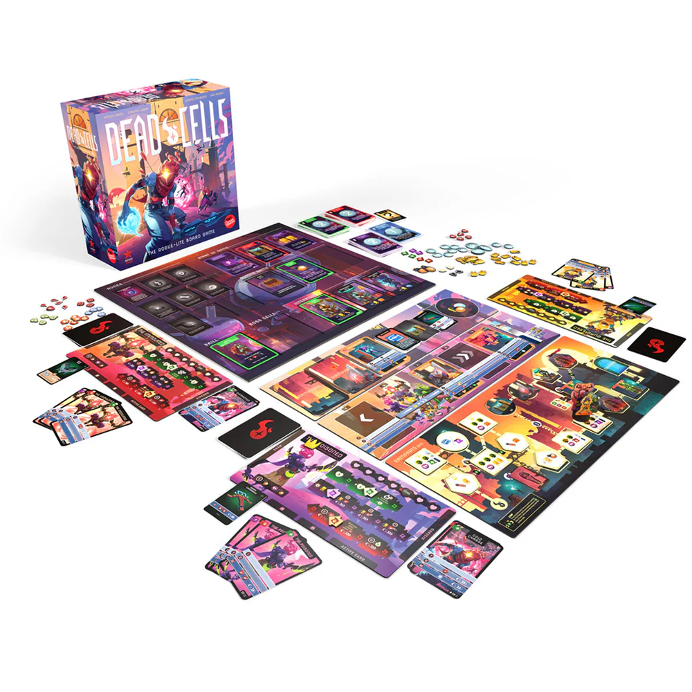 Dead Cells speluppdukning med bräden, kort, tokens och spelbox.