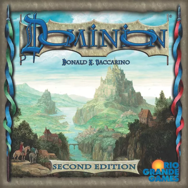 Dominion 2nd Edition brädspelsbox med medeltida landskapsmotiv och borg.
