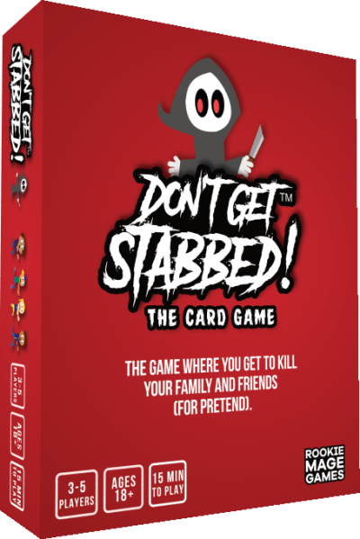 Don’t Get Stabbed spelbox i rött med tecknad figur och kniv.