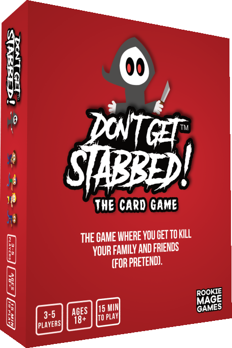 Don’t Get Stabbed spelbox i rött med tecknad figur och kniv.