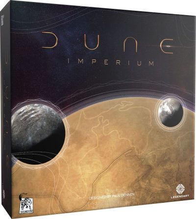 Dune: Imperium spelbox med planetmotiv och mörk rymdbakgrund.