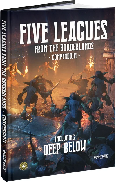 Five Leagues from the Borderlands Compendium bokomslag med fantasystrid i underjordisk miljö.