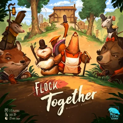 Flock Together spelbox med illustrerade djur i skogsmiljö.