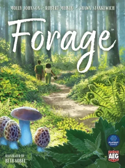 Forage spelbox med skogsmotiv och svampar i förgrunden.
