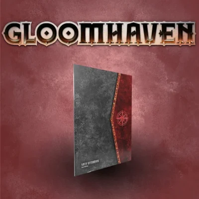 Gloomhaven Second Edition Solo Scenarios omslag med bokdesign i rött och grått.