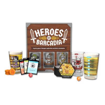 Heroes of Barcadia spelbox med karaktärsglas, kort och dungeon‑brickor.
