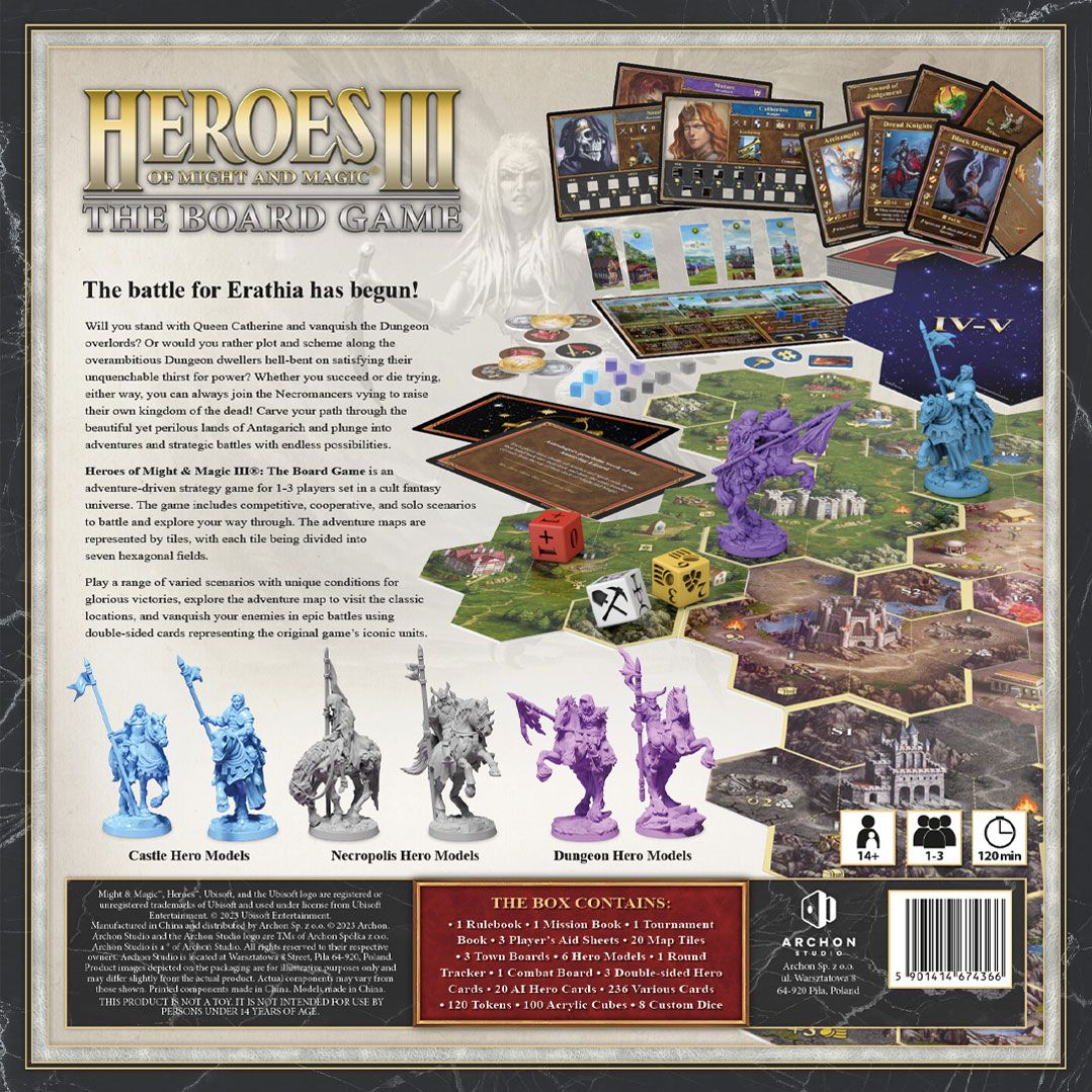Baksida av Heroes of Might & Magic III: The Board Game med komponenter och hjältmodeller.
