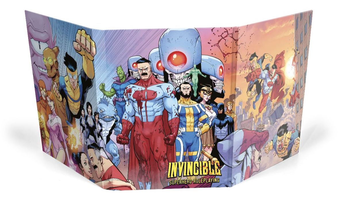 Invincible Superhero Roleplaying omslag med färgstarka superhjältar i dynamisk stridsscen.