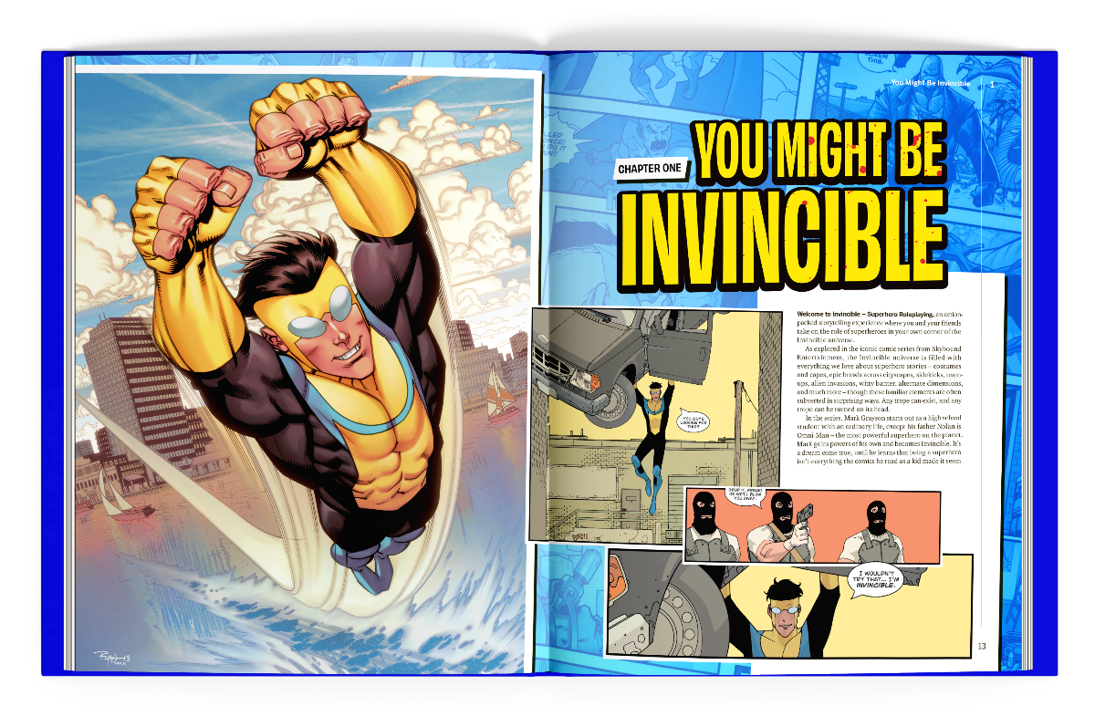 Invincible RPG uppslag med superhjälteillustration och kapitelstart.