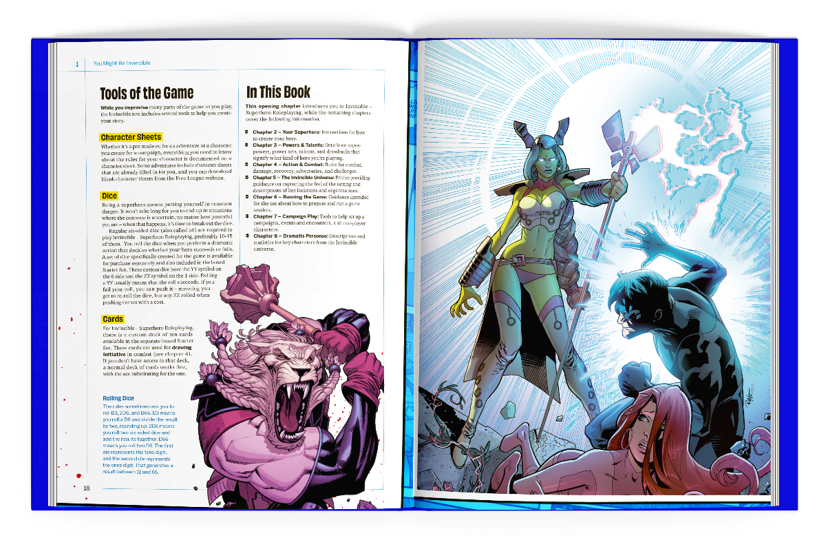 Invincible RPG uppslag med spelverktyg, kapitelöversikt och actionillustration.