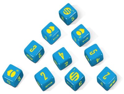 Invincible RPG tioset med blå specialtärningar med gula symboler och siffror.