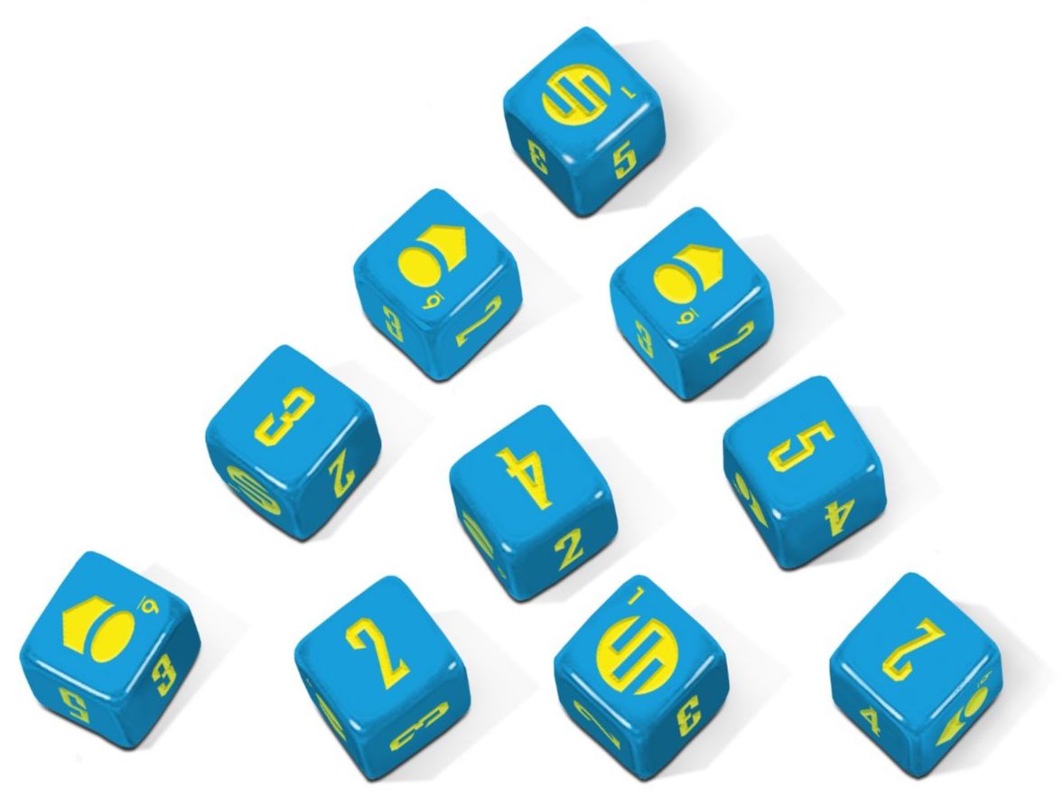 Invincible RPG tioset med blå specialtärningar med gula symboler och siffror.