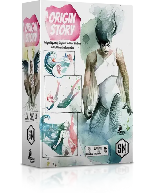 Origin Story brädspelsbox med färgstarkt illustrerat superhjältemotiv.