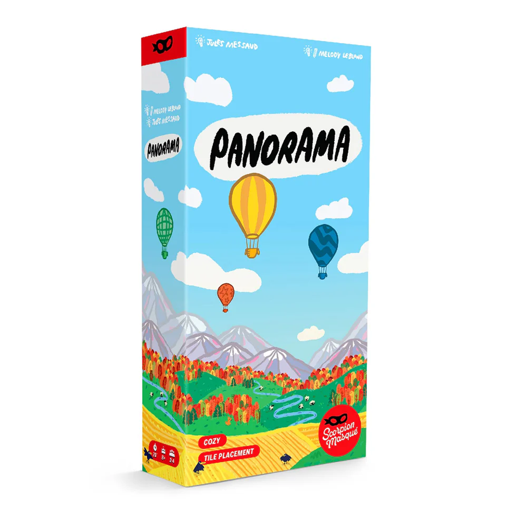 Panorama spelbox med färgstarkt landskap och luftballonger.