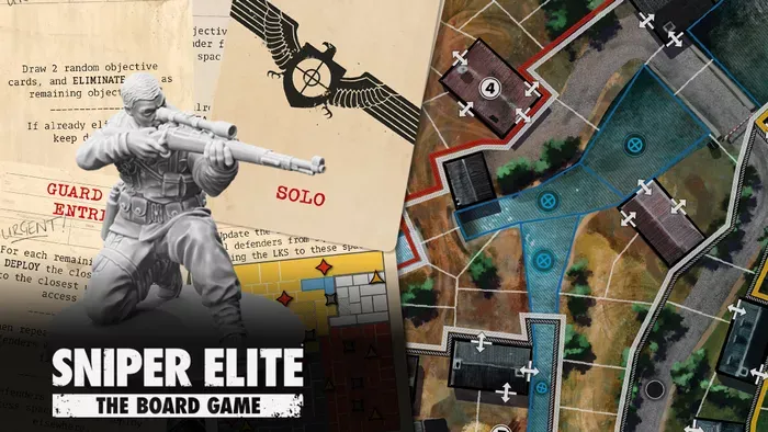 Sniper Elite spelkomponenter med miniatyr, kartor och kort.