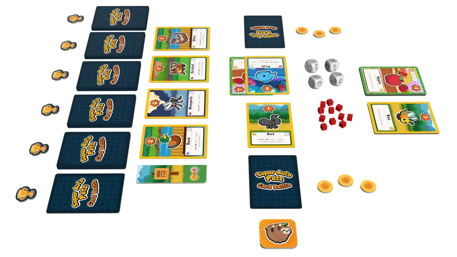 Super Auto Pets Card Battle komponenter med kort, tokens och mynt.