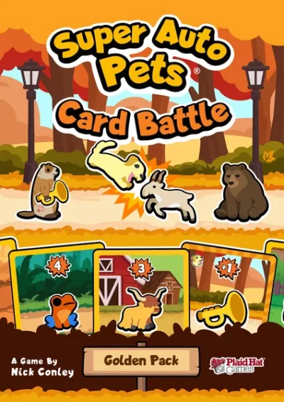 Super Auto Pets Golden Pack spelbox med djur och kort i höstmiljö.