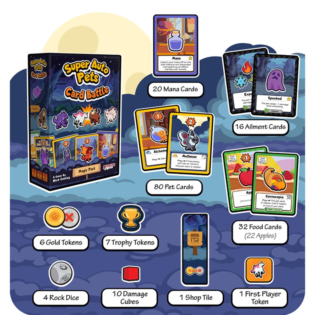 Super Auto Pets Magic Pack komponenter med kort, tokens och tärningar.
