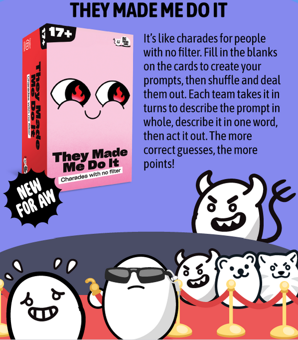 They Made Me Do It reklamgrafik med spelbox och tecknade figurer.