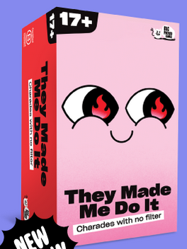 They Made Me Do It spelbox i rosa med flammande ögon och humoristisk design.