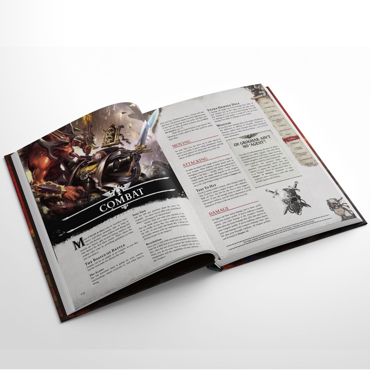 Wrath & Glory uppslag med stridsregler och illustration.