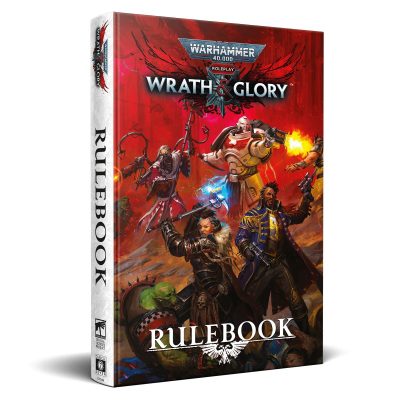 Wrath & Glory Core Rulebook med Warhammer 40K‑hjältar på omslaget.
