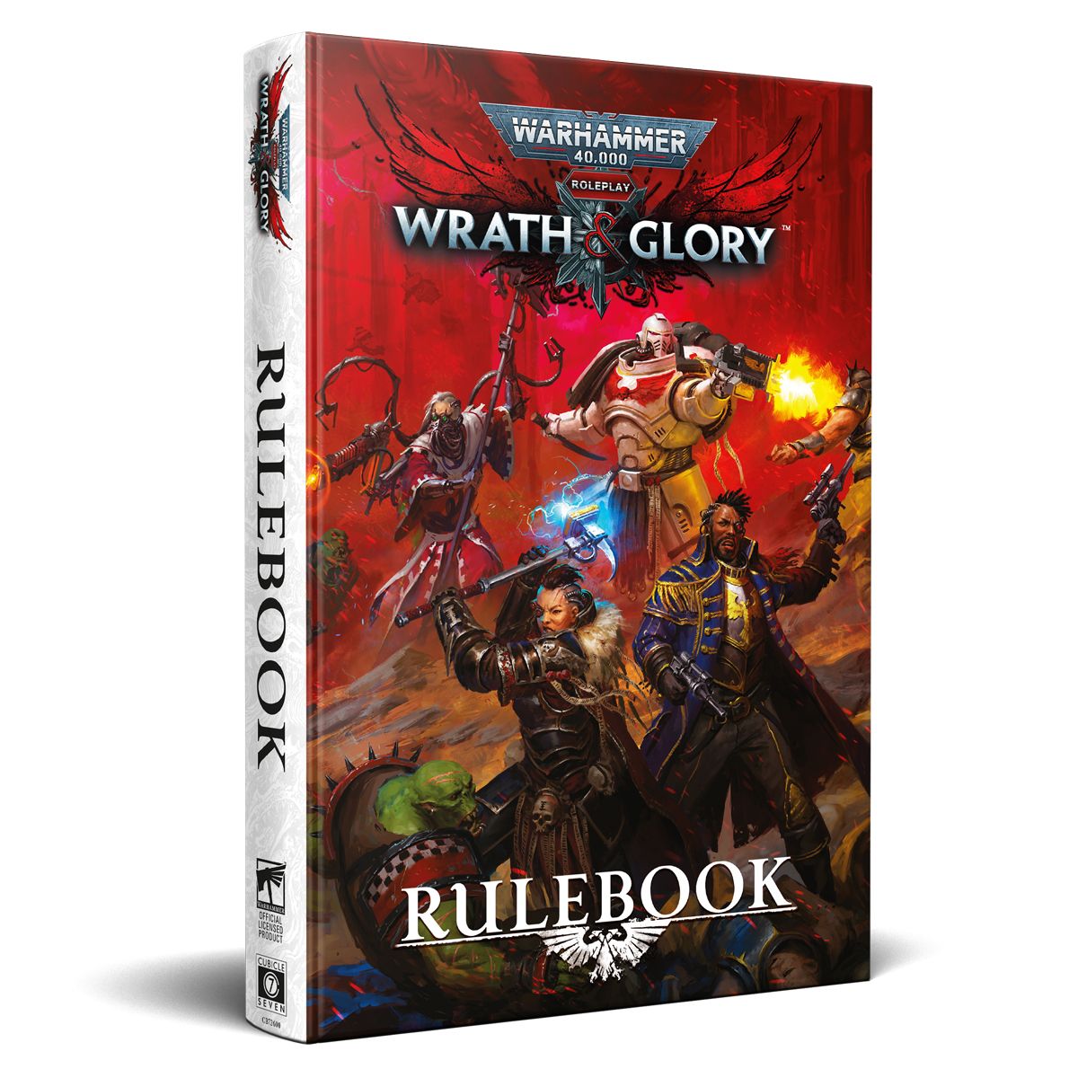Wrath & Glory Core Rulebook med Warhammer 40K‑hjältar på omslaget.