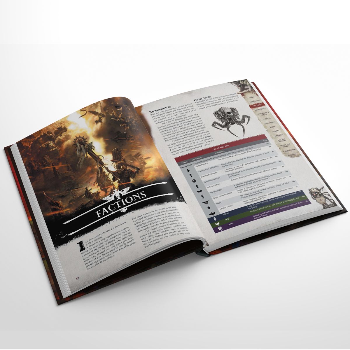 Wrath & Glory uppslag med fraktioner, tabell och illustration.