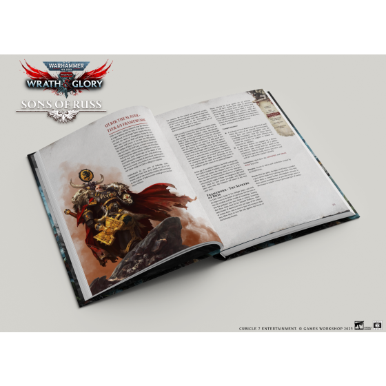 Wrath & Glory Sons of Russ uppslag med loretext och Space Wolf‑illustration.