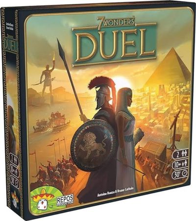 7 Wonders Duel spelbox med två ledare rygg mot rygg framför antik stadsmiljö.